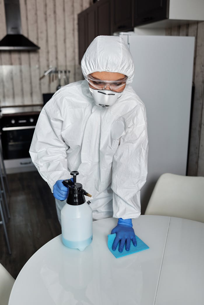 about-01 A person in full PPE disinfecting a table indoors for hygiene and safety.